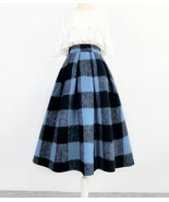 Winter Blue Plaid Midi Skirt Outfit Women Plus Size Woolen Midi Party Skirt - $85.99