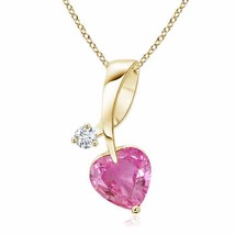 ANGARA Heart-Shaped Pink Sapphire Ribbon Pendant with Diamond in 14K Solid Gold - £835.28 GBP