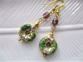 Handmade Colorful Cloisonne Earrings, Floral / Botanical Motif, Gold Tone Hooks - £6.42 GBP