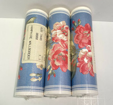 3 Vintage Laura Ashley Wallpaper Border Blue Denim Look w Pink Green Tan Floral - $22.53