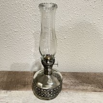 Lamplight Farms Clear Glass Oil Lamp w/ Silver Filigree Metal Band  Arou... - $24.74