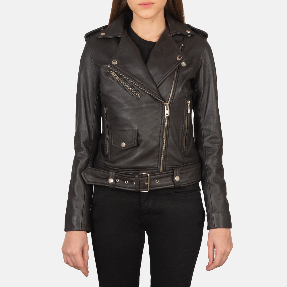 LE Alison Brown Leather Women Biker Jacket