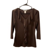 Vintage Suzie Ladies Brown V-Neck Ruffled Blouse Size Small - £14.95 GBP