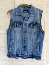 Carbon  Small Blue Denim Leather Jean Vest Pocket Sleeveless Trucker Jacket Y2K - £19.04 GBP