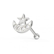Women&#39;s Moon Star CZ Ear Stud Surgical Steel Cartilage Helix Piercing Earrings - £36.34 GBP