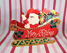 Kitschy Vintage Cardboard Santa &amp;  Sleigh Collapsible Christmas Card Mai... - £9.59 GBP