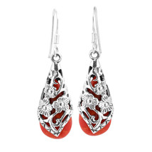 Enchanted Floral Vine Synthetic Coral Teardrop Sterling Silver Dangle Earrings - £19.38 GBP
