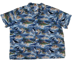 RJC Hawaiian Shirt Mens 4XL Blue Frolicking Dolphins Aloha Outrigger Palm Hut - £22.46 GBP