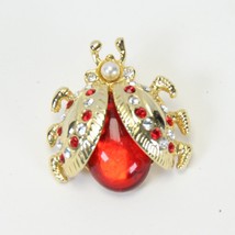 Ladybug Brooch Red &amp; Clear Crystal Transparent Red Acrylic Body 1&quot; W x 1.1&quot; H - £19.57 GBP