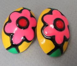 Large Metal Vintage Earrings Enamel  Flower Design Bold Bright Vivid Spring 80s - £13.34 GBP