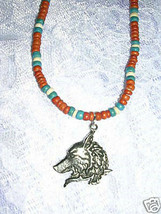 Wolf Head Profile Terra Cotta Coco Beads 18&quot; Necklace - £7.91 GBP