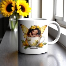 Sunflower Fairy Mug – Sleeping Black Fairy in Yellow Teacup, 11oz or 15oz - $15.83+