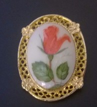 Stunning Gold Tone Hand Painted Rose Flower Cameo Brooch Pin Jewelry - $6.99