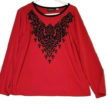 Bob Mackie Womens Red Black Velvet Trim 3/4 Sleeve Tunic Top Women’s L S... - £15.95 GBP