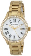 Nautica Women&#39;s Gold Round Roman Numeral Swarovski Crystal Watch Date N1... - $65.44