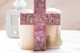Pink Mosaic Christian Cross, Faith written on white, Religious decorative gift - £40.37 GBP