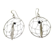 Vintage Sterling Silver Feather Dream catcher Hook Earrings Marked 925 - $13.86