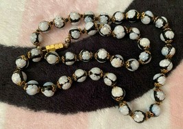 Vintage Venetian Murano Italy Black White Floral Glass Bead Necklace - £275.78 GBP