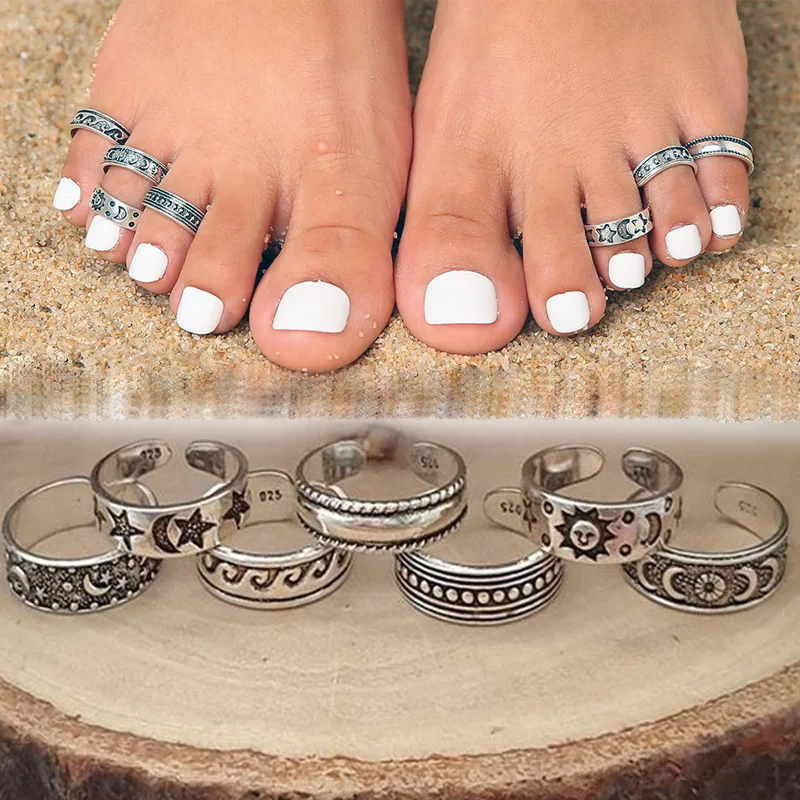 7pcs Retro Hollow Carved Star Moon Toe Rings Adjustable Opening Finger Ring for  - £11.52 GBP