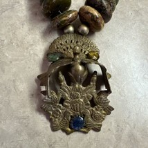 Vintage Peruvian Brass Peacock Green Jasper Necklace Brass Beads &amp; Capacions - £186.84 GBP