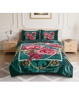 FLOWERS GREEN BLANKET  WITH SHERPA VERY SOFTY THICK &amp; WARM 3 PCS QUEEN SIZE - $90.25 CAD