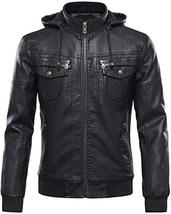 Men Black Leather Motorcycle Jacket with Removable Hood - $169.99