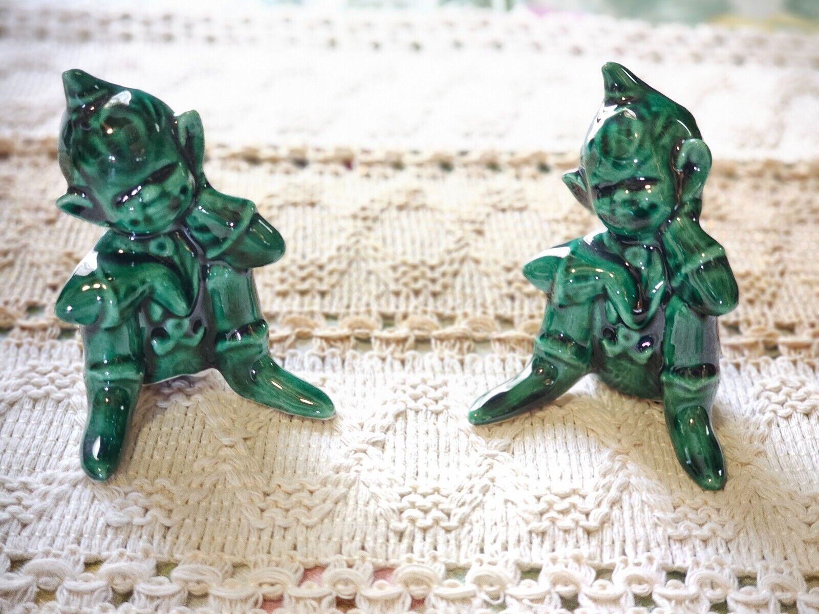 Creepy green ceramic elf/pixie plant sitter figurine LOT OF 2 - $6.92