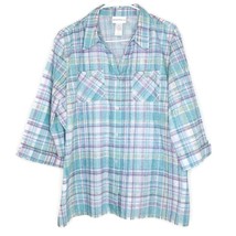 Alfred Dunner Size XL Womens Blouse 3/4 Sleeve Button Front Pockets Blue Plaid - £10.33 GBP