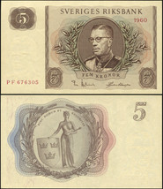 Sweden 5 Kronor. 1960 UNC. Banknote Cat# P.42e - £18.18 GBP