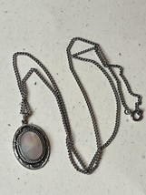 Silvertone Chain w Art Deco Style Oval Mother of Pearl in Black Enamel &amp; Scallop - £11.90 GBP