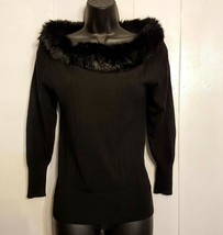 Cache Black Stretch Knit Top Fur Portrait Collar Silk Blend Sweater Medium - $69.21
