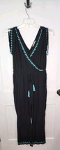 Soft Surroundings Baja Jumpsuit Black Turquoise Embroidery Tassel Size S... - $32.73