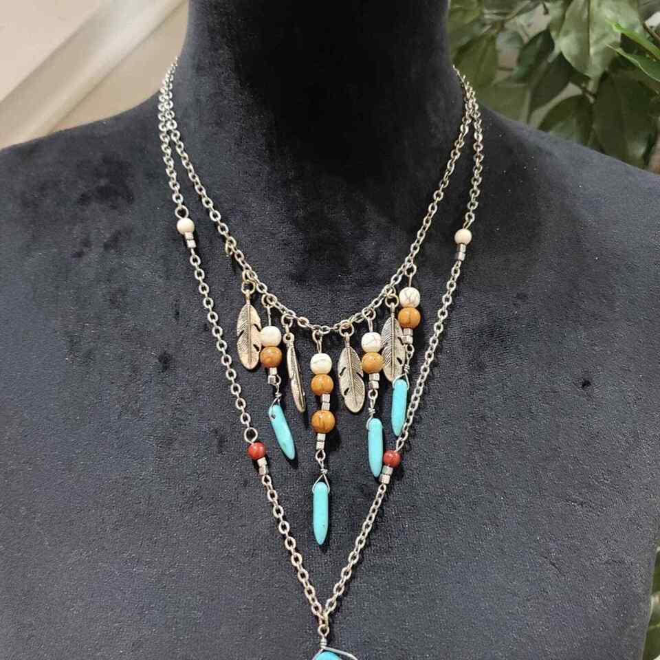 Primary image for Double Strand Turquoise Modern Squash Blossom  Necklace