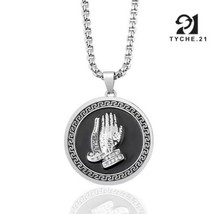 Mens Silver Black Praying Hands Pendant Necklace Religious Jewelry Box Chain 24&quot; - $11.87