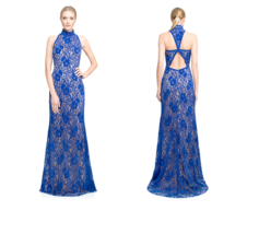 Nwt Tadashi Shoji Sage In Jewel Blue Nude Velvet Lace Cut-out Back Gown Dress 00 - £77.25 GBP