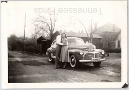1940s Black &amp; White Photo Of A Couple In Front Of Their Pontiac Car - $13.52