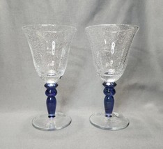 Wine Glass Goblets Pottery Barn Bubble Effect Blue Hand Blown Art Glass Set of 2 - £18.59 GBP