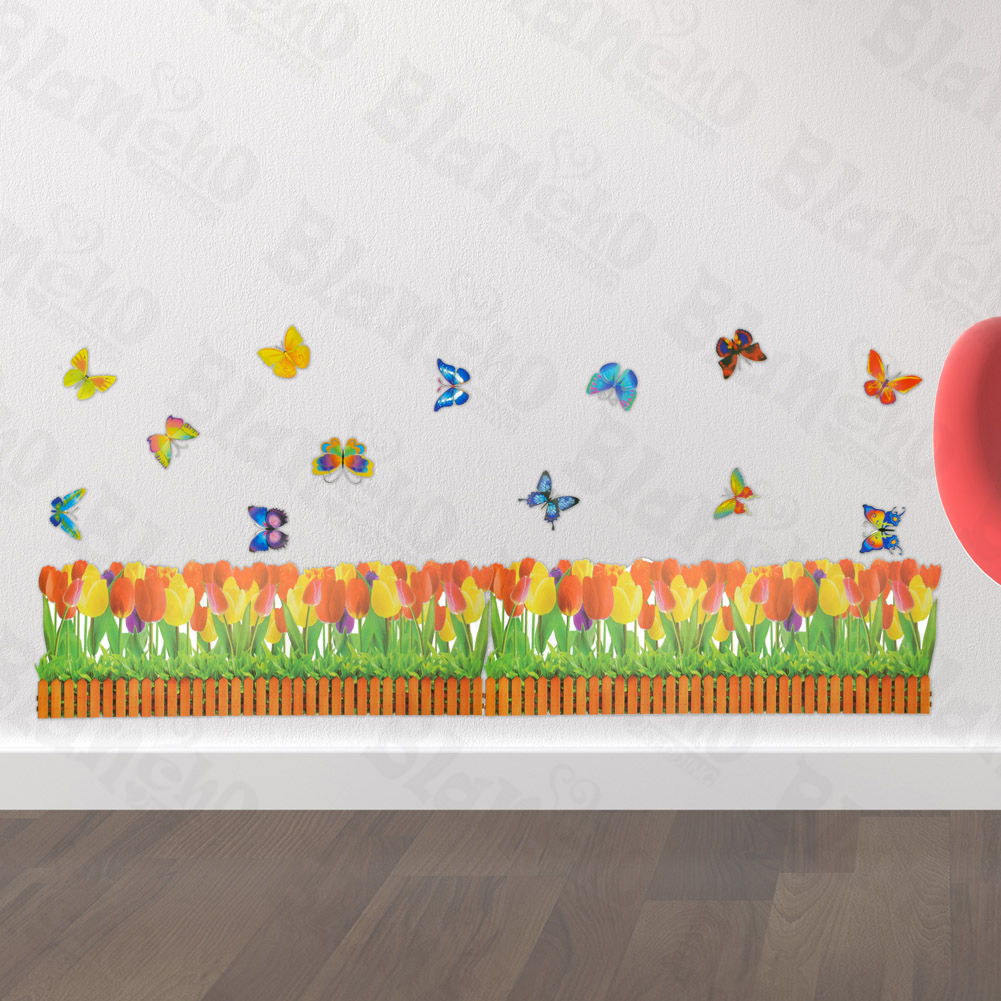 Butterfly & Flowering Shrubs - Wall Decals Stickers Appliques Home Decor