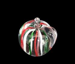 Vintage art glass red, green &amp; white striped apple paperweight - $29.99