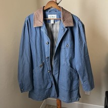 Vintage LL Bean Mens Large Barn Chore Coat Blue Canvas Field Jacket Work Leather - £50.61 GBP