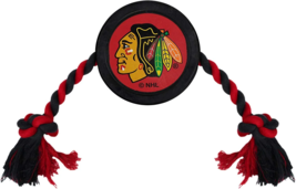 NEW NHL Chicago Blackhawks Dog Toy rubber hockey puck rope tug red &amp; black - £7.95 GBP