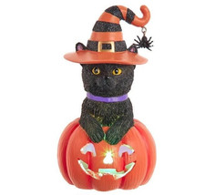 5.25&quot; Kurt Adler LIGHTED Witchy Black Cat JOL Pumpkin Fig Retro Halloween Decor - £35.38 GBP