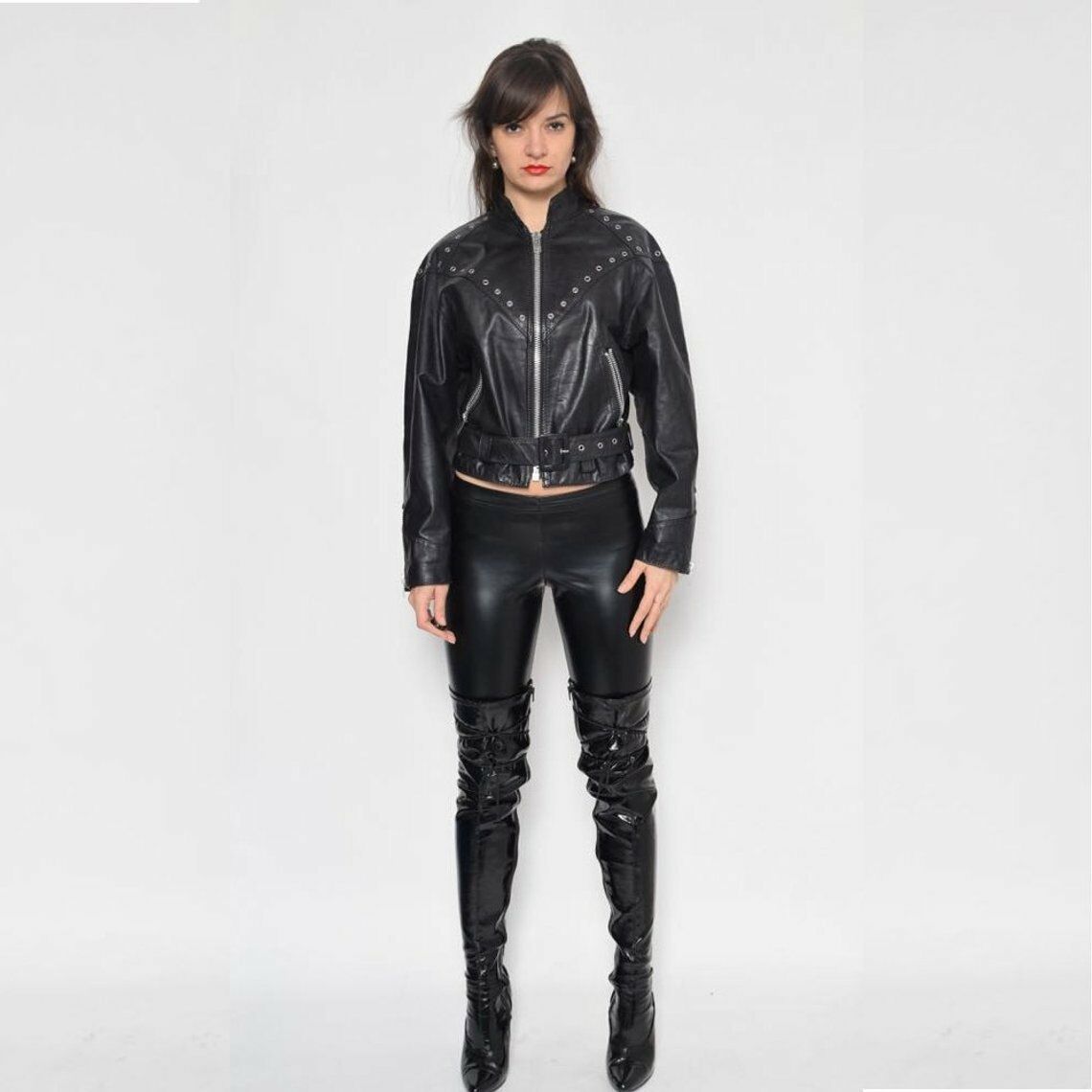 Women Black Color Biker Slim Fit Genuine Leather Silver Studded Cropped Jacket
