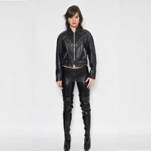 Women Black Color Biker Slim Fit Genuine Leather Silver Studded Cropped ... - £122.58 GBP