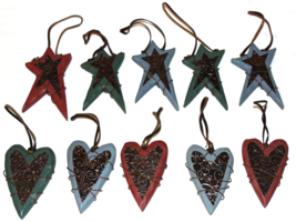 10 Lot Primitive Wood Star Heart Ornaments Embossed Wire Wrapped Rawhide Loops - £11.88 GBP