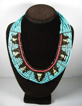 10 Strand Vintage Seed Beaded Choker Necklace Southwestern Blue Red Black Beads - £24.16 GBP