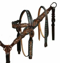 Western Horse Leather 4pc Tack Set w/ Crystal Rhinestones Bridle + Breast Collar - £79.04 GBP