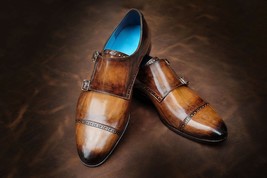 Cognac men Patina Monk Shoes handmade slip on custom made dress shoe for men - £106.11 GBP+
