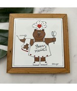 Vintage 80s Bear-Naise Kitchen Trivet White Wood Tile Teddy Bear Kruger ... - $19.79