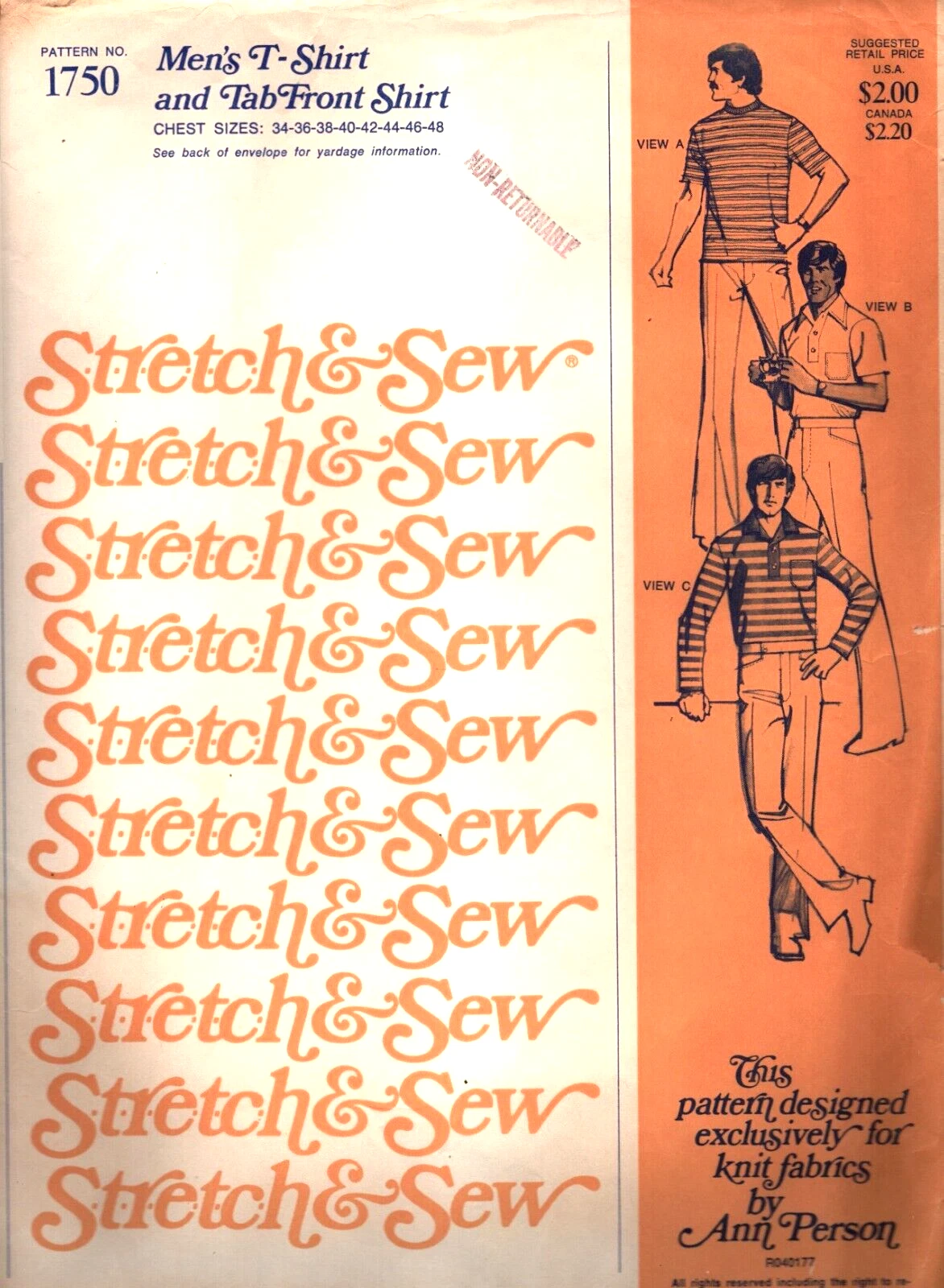 Stretch &amp; Sew 1750, Men&#39;s T-shirt and Tab Front Shirt, chest sizes 34-48 - $8.20 CAD